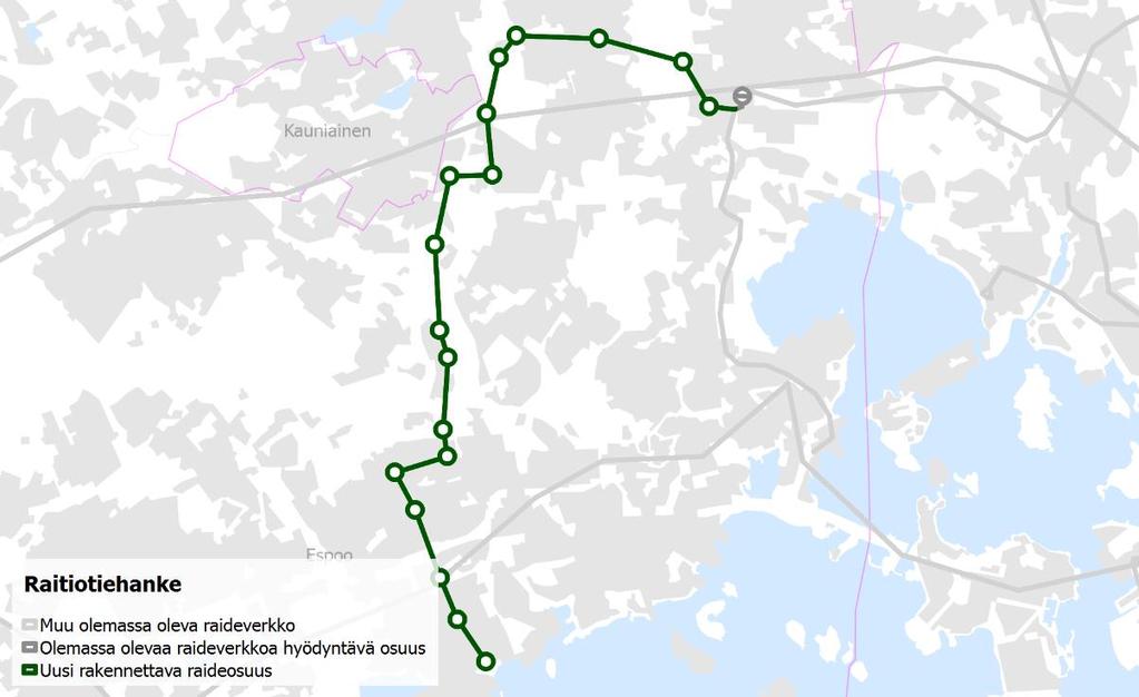 Pikaraitiotie Matinkylä-Suurpelto-Kera- Leppävaara Tässä työssä tarkasteltava reitti on Turuntien linjaus (vaihtoehtoinen linjaus Karakallion kautta) Alustavan yleissuunnitelman laadinta on käynnissä