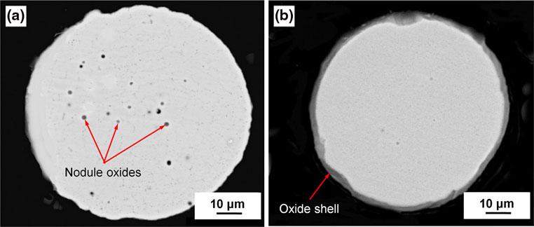 Fig. 10 Micrographs of particle cross sections showing the effects of spray distance on the dominating type of oxide: (a) nodular oxides for particles collected at 55 mm and (b) oxide shell for