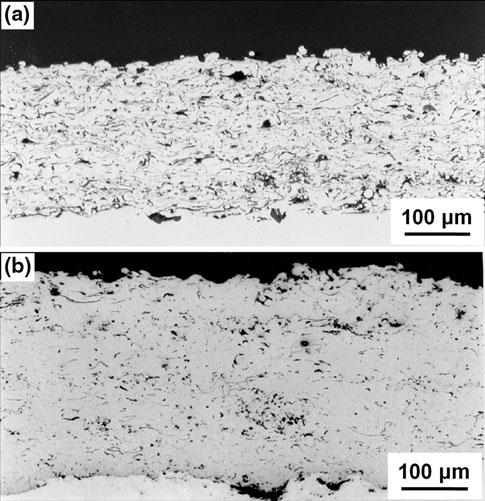 Fig. 12 Cross section of plasma sprayed CoNiCrAlY coatings sprayed (a) without and (b) with nitrogen shrouding (Adapted from Ref 118) Fig.
