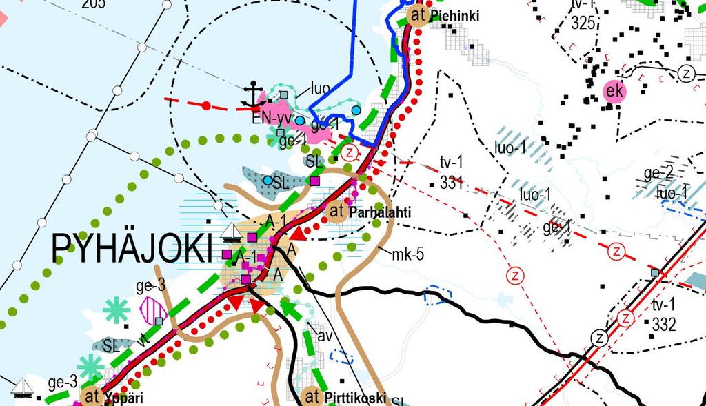 vaihemaakuntakaava (vahvistettu 23.11.2015) sekä Pohjois-Pohjanmaan 2. vaihemaakuntakaava 7.12.2016 (hyväksytty maakuntavaltuustossa 7.12.2016). Kaava-alueen rajaus on esitetty sinisellä.