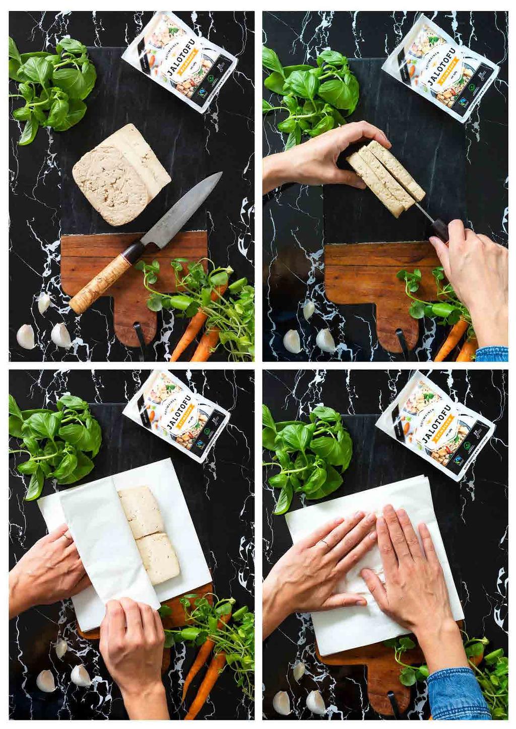 avaa paketti leikkaa tofu kuivaa tofu paloittele/murusta