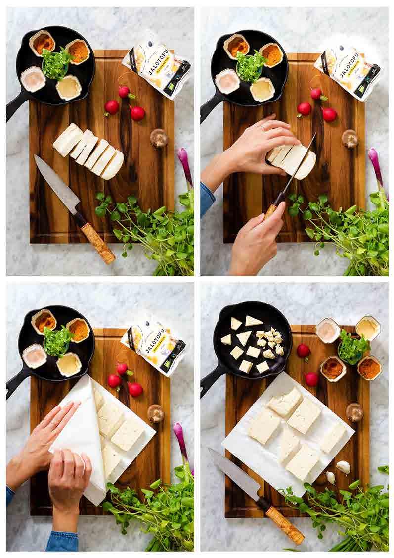 avaa paketti leikkaa tofu kuivaa tofu