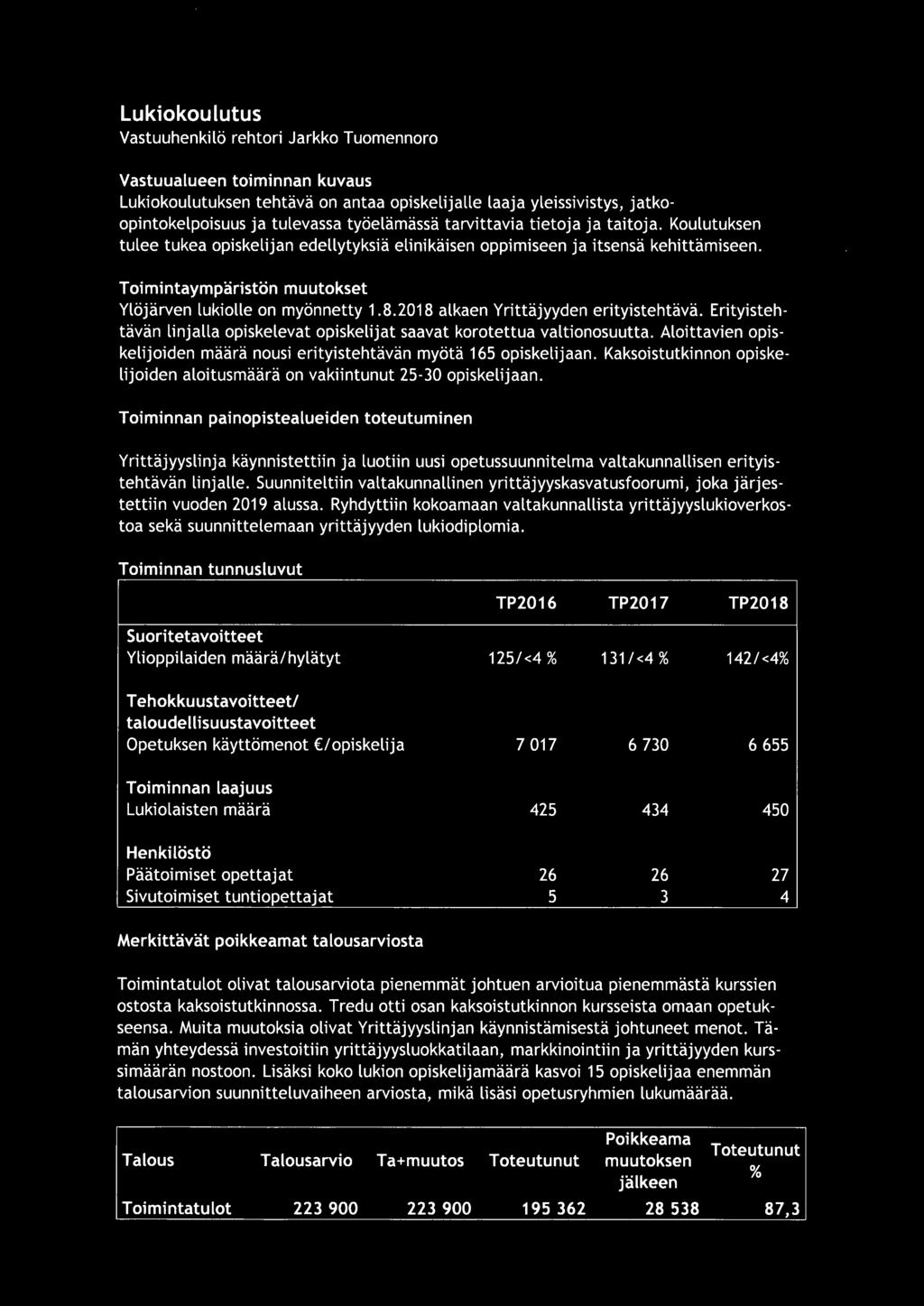 2018 alkaen Yrittäjyyden erityistehtävä. Erityistehtävän linjalla opiskelevat opiskelijat saavat korotettua valtionosuutta.