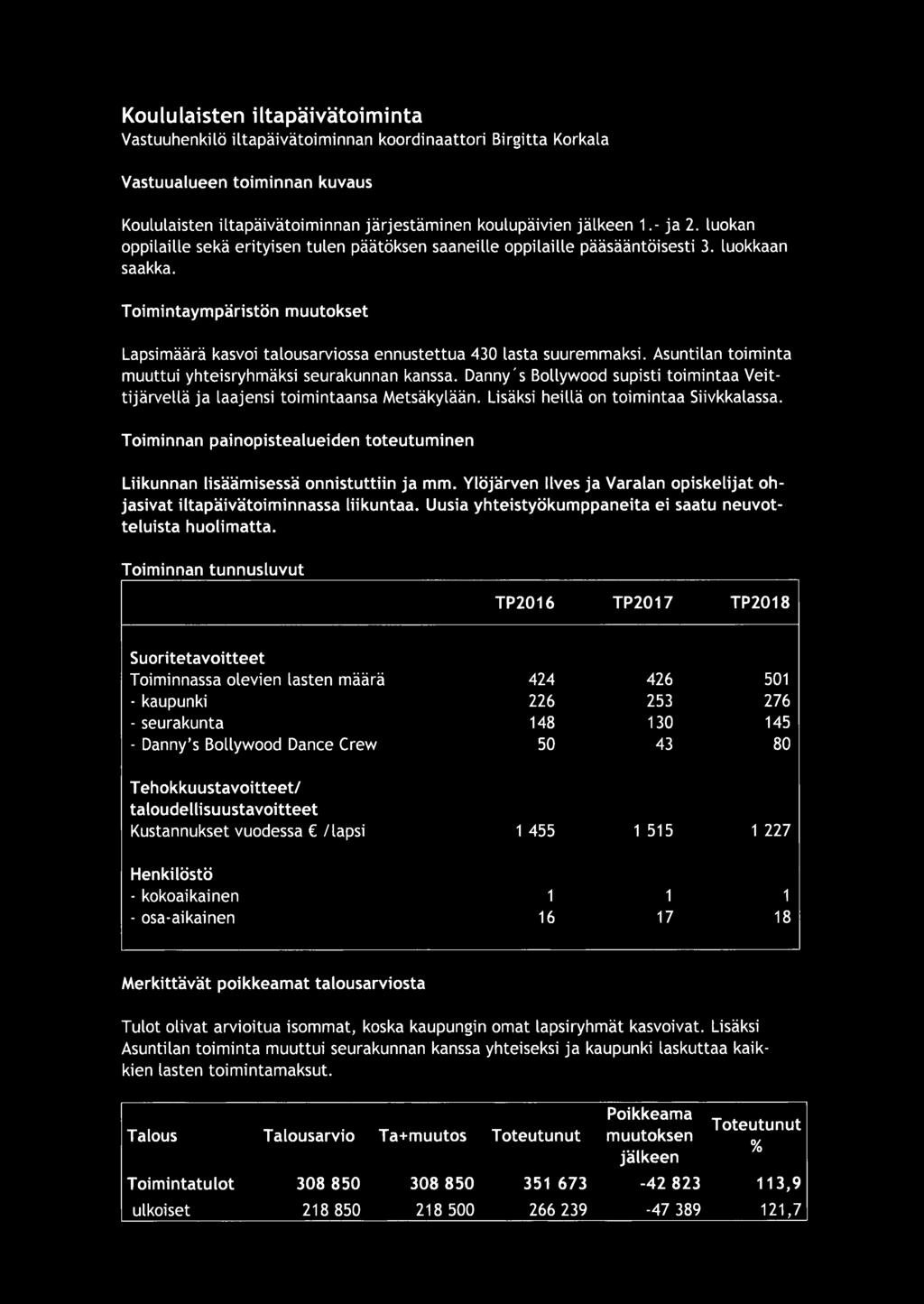 Toimintaympäristön muutokset Lapsimäärä kasvoi talousarviossa ennustettua 430 lasta suuremmaksi. Asuntilan toiminta muuttui yhteisryhmäksi seurakunnan kanssa.