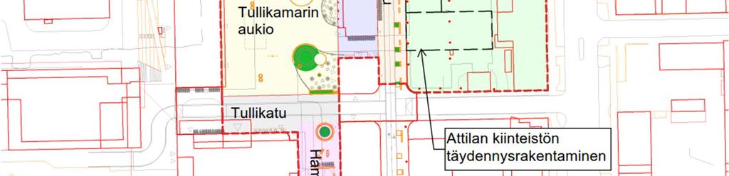 Myös Hammareninkadulle on suunniteltu viheristutus. Pinninkadulle on suunniteltu istutettavaksi katupuustoa. Tulevaa maankäyttöä on havainnollistettu kuvassa 5. 3.