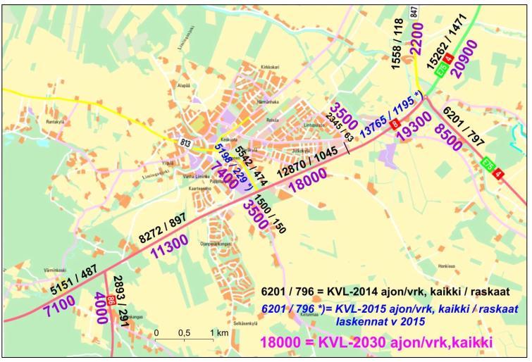 Kuva 5. Valtatien 8 liikennemäärät 2014 ja ennuste 2030 (Lähde: Valtatien 8 kehittäminen välillä Lapinkangas-Haaransilta, 2015). 1.