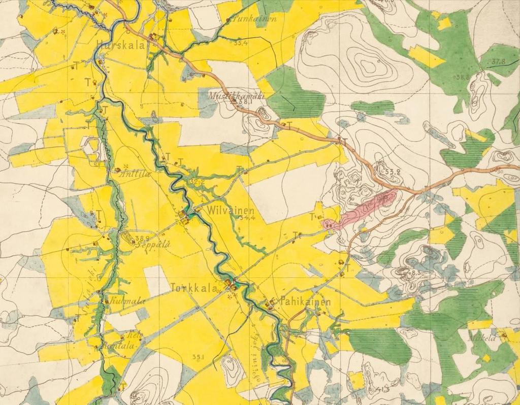 Venäläinen topografikartta 1882. Joen ympäristön peltoaukeat on ovat jo suurelta osin viljelyssä.