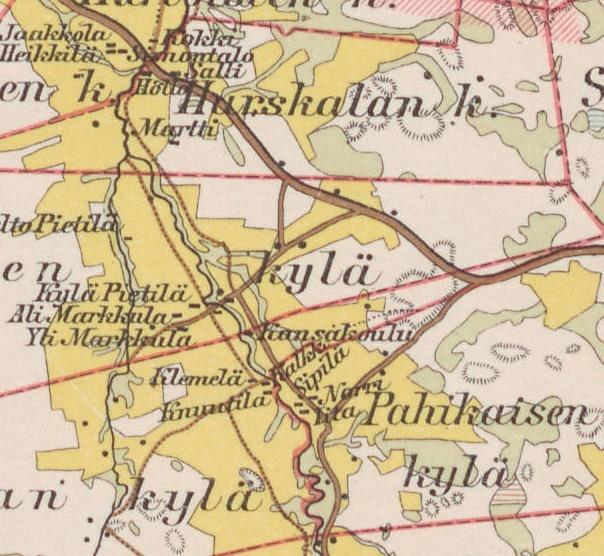 Loimaan kihlakunnan kartta 1905. Pahikaisten ja Krekilän kantatalot ovat vielä vanhoilla paikoilla.