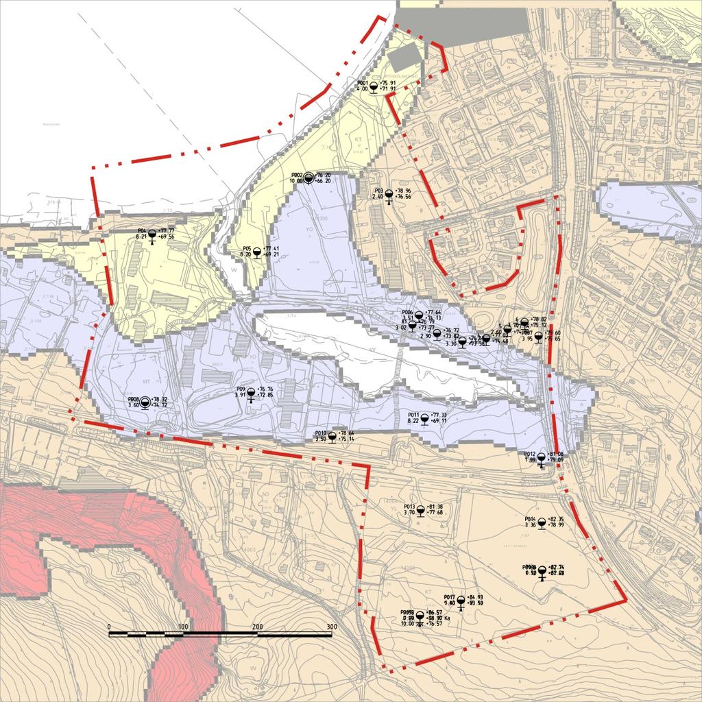 FCG SUUNNITTELU JA TEKNIIKKA OY Raportti 4 () 4..07 Kuva. Suunnittelualueen maaperäkartta. Alueen rajaus on esitetty punaisella pistekatkoviivalla.