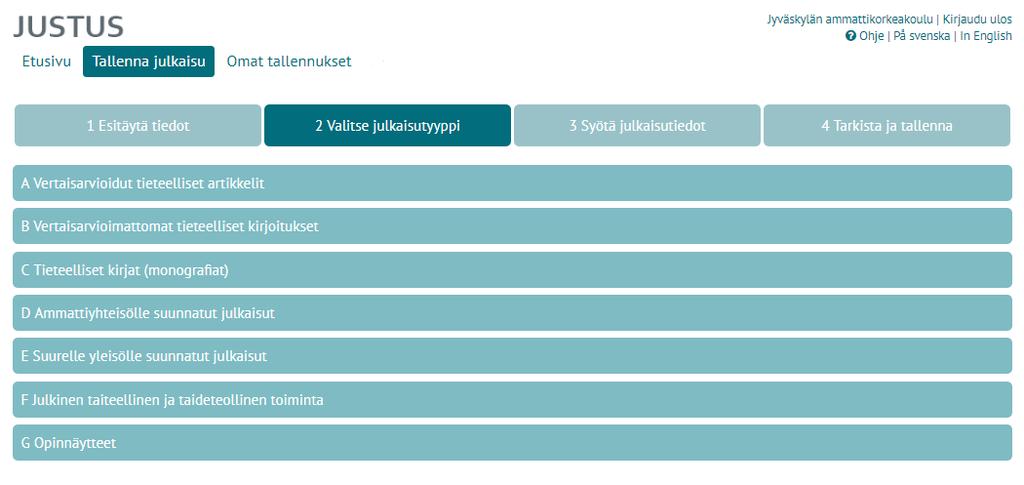 Riippumatta siitä, löytyykö julkaisu taustatietokannoista vai ei, seuraavaksi siirrytään julkaisutyypin valintaan.