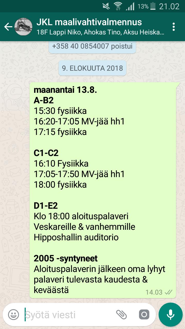 JKL maalivahtivalmennus WhatsApp ryhmä Nopea tiedotuskanava maalivahdeille