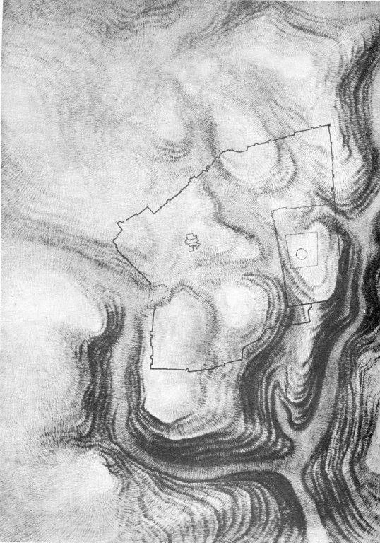 Kartta: Jerusalemin pintamuodot Lännestä tuleva Hinnominlaakso ja pohjoisesta tuleva Kidroninlaakso yhtyvät Jerusalemin eteläpuolella ja niiden vedet virtaavat kohti Kuolluttamerta ohi Öljymäen