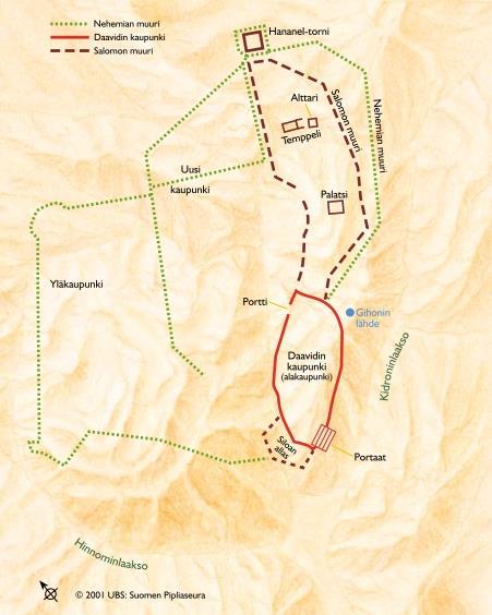 Kuvat: Jerusalemin kaupunki ja Salomon temppeli Daavidin kaupunki Siionin vuorella Kuvassa näkyy ennallistettuna Daavidin kaupungiksi kutsuttu Siionin harjanne.