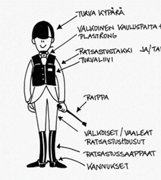 Kilpailuasu 1-taso ja 2- tason helpot luokat Esteratsastus Virallinen kilpailuasu 2-tason 110 cm luokista alkaen (2-tason helpoissa luokissa vaaleat/valkoiset) Tai muu kauluksellinen ratsastuspaita,