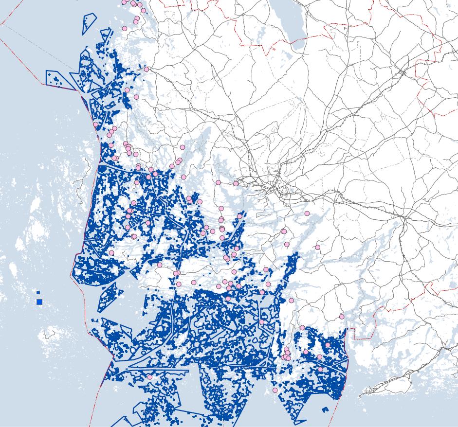 Fosforikuorman teoreettinen tarkastelu: Vesiviljelyyn soveltuvat alueet Suomen nykyinen kalatuotanto (n. 10 milj kg): n. 45 t/a Kaiken Suomessa kulutettavan tuontilohen (n.