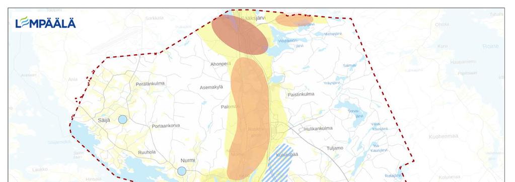 Kuv 7. Asuminen pinottuu jtkosskin nuhtjmn, joiden rinnll on perinteisesti vhv kyläsutus. Alueet etelästä pohjoiseen: keskust, Hkkri, Vnttr, Kulju, Sääksjärvi j Annisto.