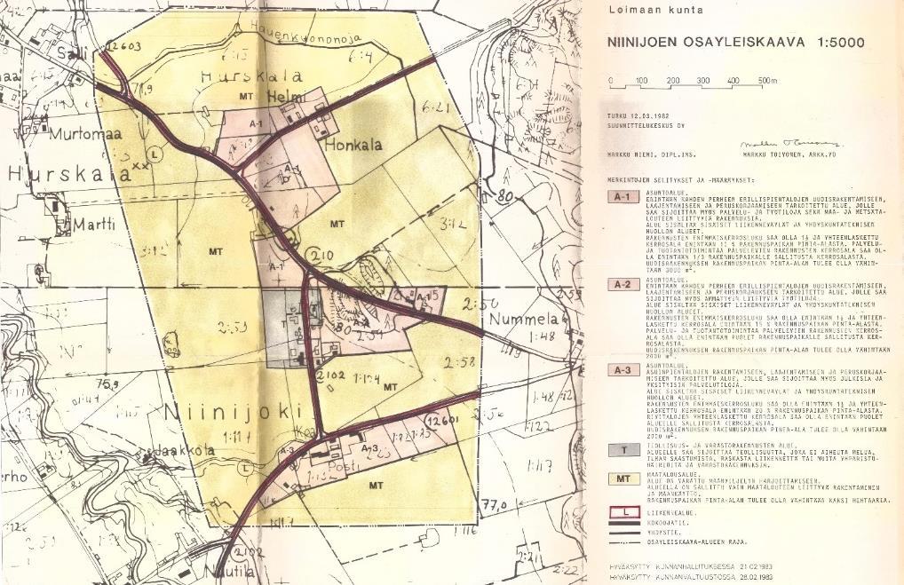 5(7) Ote oikeusvaikutuksettomasta yleiskaavasta (kv 28.2.1983). Asemakaava Suunnittelualueelle ei ole laadittu asemakaavoja. Niinirinteen asuinalueelle on laadittu 28.2.1983 Loimaan kunnanvaltuuston hyväksymä palstoitussuunnitelma.