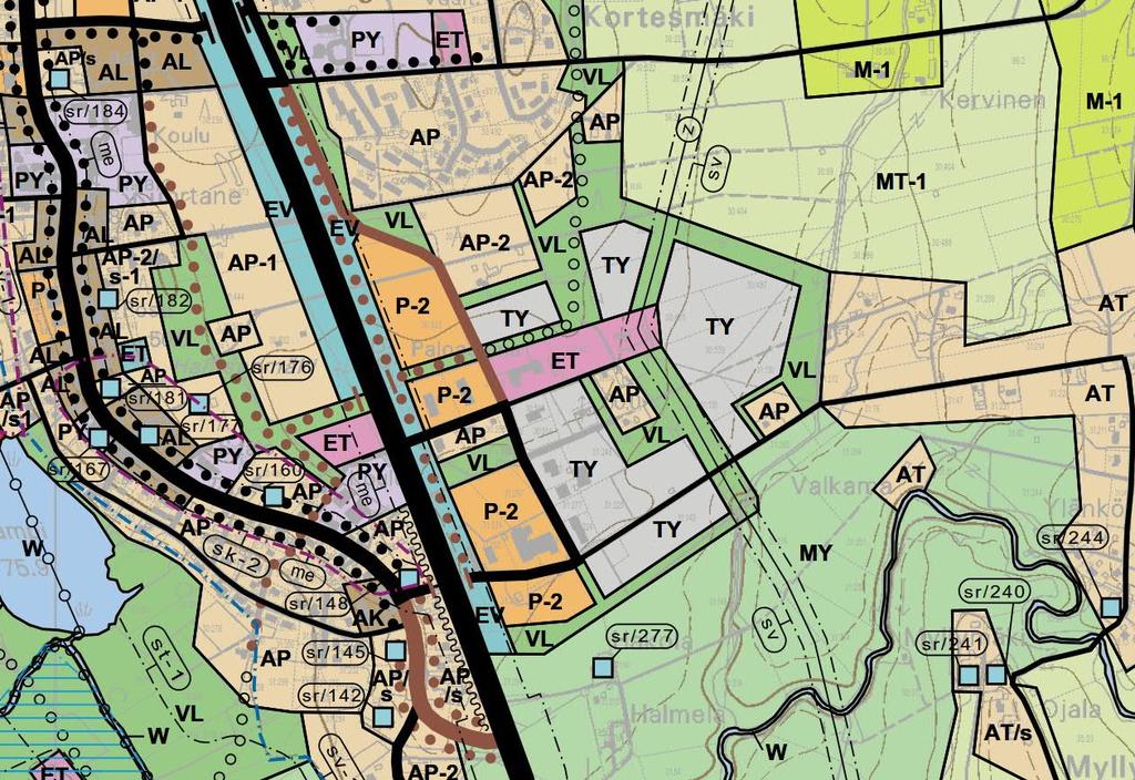 KUORTANEEN KUNTA KIRKONSEUDUN ASEMAKAAVAN MUUTOS JA LAAJENNUS SAMPOLAN ALUE 2 vaatimuksia (TY), yhdyskuntateknisen huollon aluetta (ET), lähivirkistysalueita (VL) sekä maatalousaluetta (MT-1).