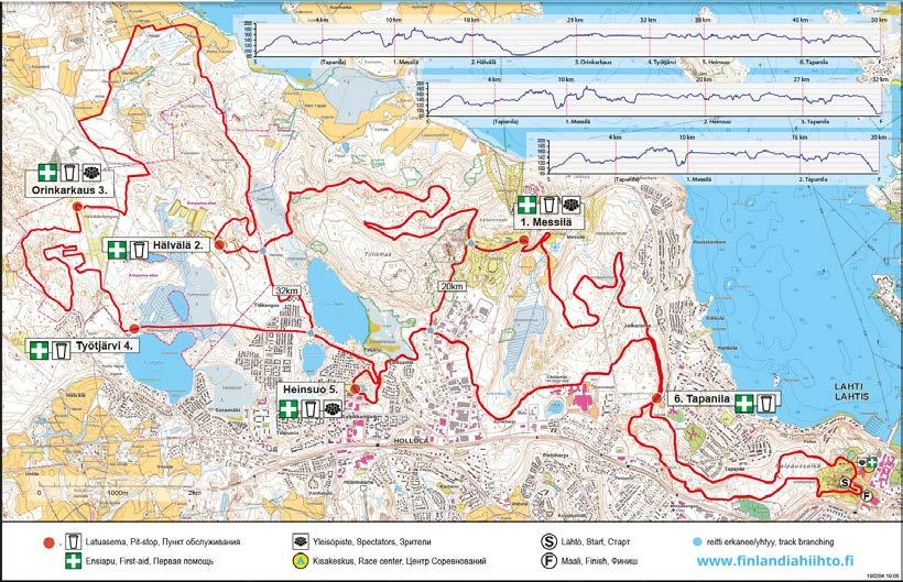 REITTI JA HUOLTO REITTIKARTTA Finlandia-hiihdon reitistö koostuu 50/32/20 km:n reiteistä. Korkealaatuisemman kartan (PDF) voit löytää www.finlandiahiihto.