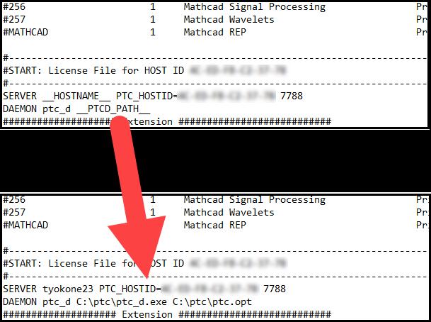 Lisenssitiedoston muutokset Etsi lisenssitiedostosta alla oleva kohta: SERVER HOSTNAME1 PTC_HOSTID=XX-XX-XX-XX-XX-XX 7788 DAEMON ptc_d PTCD_PATH Anna HOSTNAME1 kohtaan