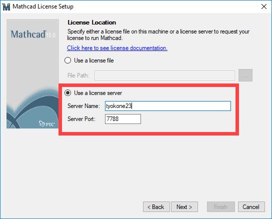 Mathcad 15 Avaa kansio C:\Program Files (x86)\mathcad\mathcad 15\mclicense ja käynnistä mclicense.exe. Valitse I want to configure Mathcad to use a FlexLM server.