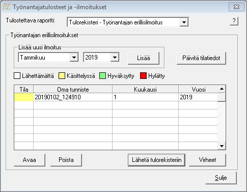 7 Ilmoitusaineisto muodostetaan valitsemalla pudotusvalikoista kuukausi ja vuosi, jolta ilmoitus tehdään ja painamalla sitten Lisää-painiketta.