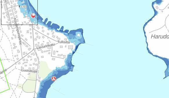 Tulvakartta harvinaisesta tulvasta, jonka arvioitu toistuvuus on kerran 100 vuodessa (Tulvakeskus,