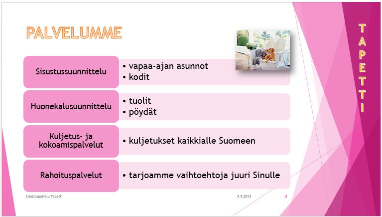 HAAGA-HELIA ammattikorkeakoulu Tehtävä 5 (9) DIA 3 Lisää uusi dia Home, New slide, Title and Content (Aloitus, Uusi dia, Title and Content) Kaksoisnapsauta sivulla Insert Smart Art Graphic (Lisää