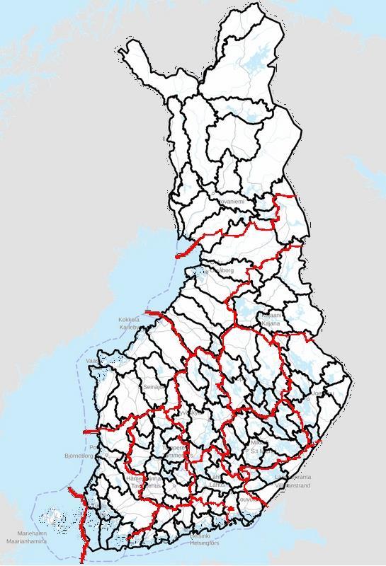 Kalatalousalueet (musta) ja piirien rajat (punainen) Tarkempi kartta kalatalousaluejaosta löytyy