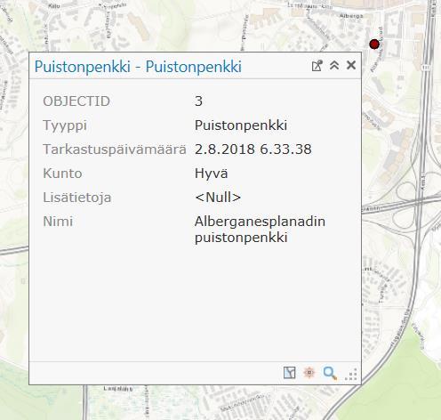 Voit tarkastella kohteiden ominaisuustietoja painamalla kohdetta, jolloin