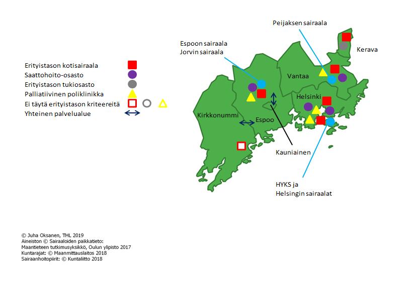 Kartta 5. HYKS sairaanhoitoalueen palliatiivisen hoidon ja saattohoidon palvelut.