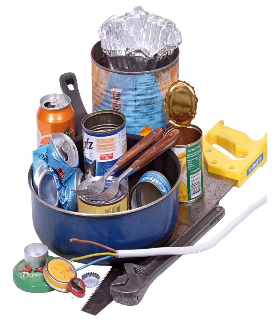 Metalli Kaikki metalli: keittiövälineet ja astiat, säilyke- ja juomatölkit, tyhjät