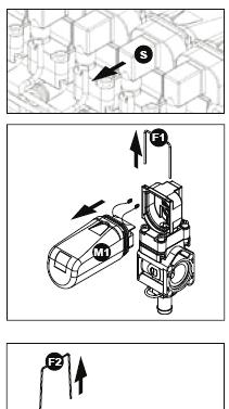 Osien vaihtaminen Lohkomoottorin vaihto - avaa virtajohdon ruuvi ja irrota johto (S) - poista metallihaarukka (F1) - irrota moottori yksikkö (M1) venttiilirungosta - irrota pihdeillä moottorin