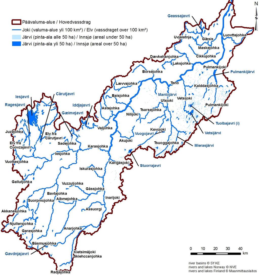 Tenojokeen virtaa 15 sivujokea, joiden valuma-alue on yli 100 km² (Liitteen 1 taulukko 1).