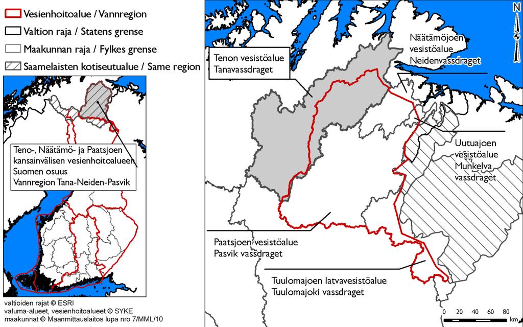 2 Vesistön kuvaus Tenon vesistöalue sijaitsee Suomen puolella Lapin maakunnan pohjoisosassa ja Norjan puolella Finnmarkin läänin keskiosassa (kuva 2).