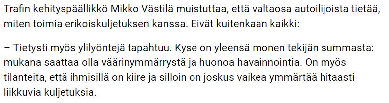 erikoiskuljetuksista ja muista ylileveistä ajoneuvoista.