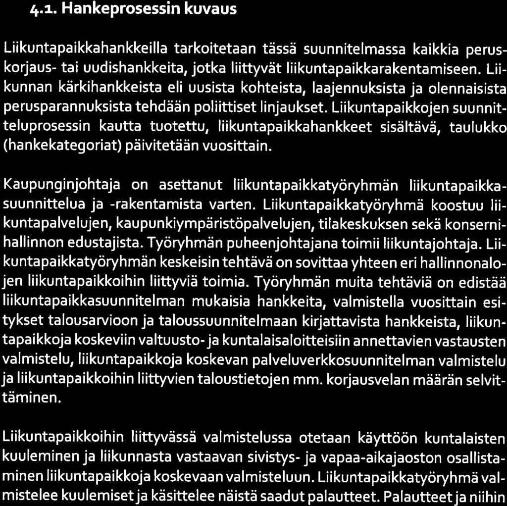 16(25) ]ENsuu. Joensuun liikuntapaikkahankkeet 4.1. Hankeprosessin kuvaus Liikuntapaikkahankkeilla tarkoitetaan tässä suunnitelmassa kaikkia peruskorjaus- tai uudishankkeita, jotka liittyvät liikuntapaikkarakentamiseen.