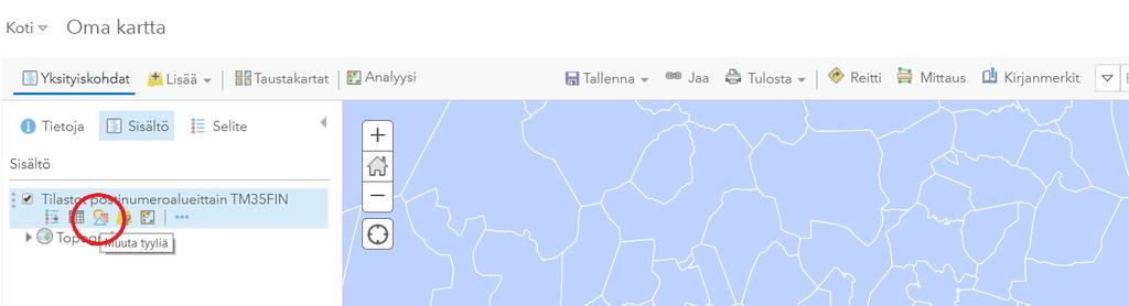 Kun Paavo-aineisto on lisätty kartalle, sitä voidaan visualisoida sen ominaisuustietojen perusteella.