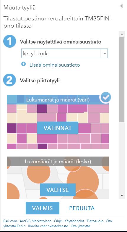 Ruudun vasempaan reunaan aukeaa karttatason visualisointityökalu:, Valitse näytettävä ominaisuustieto määrittää, minkä muuttujan perusteella haluat tehdä teemakartan.