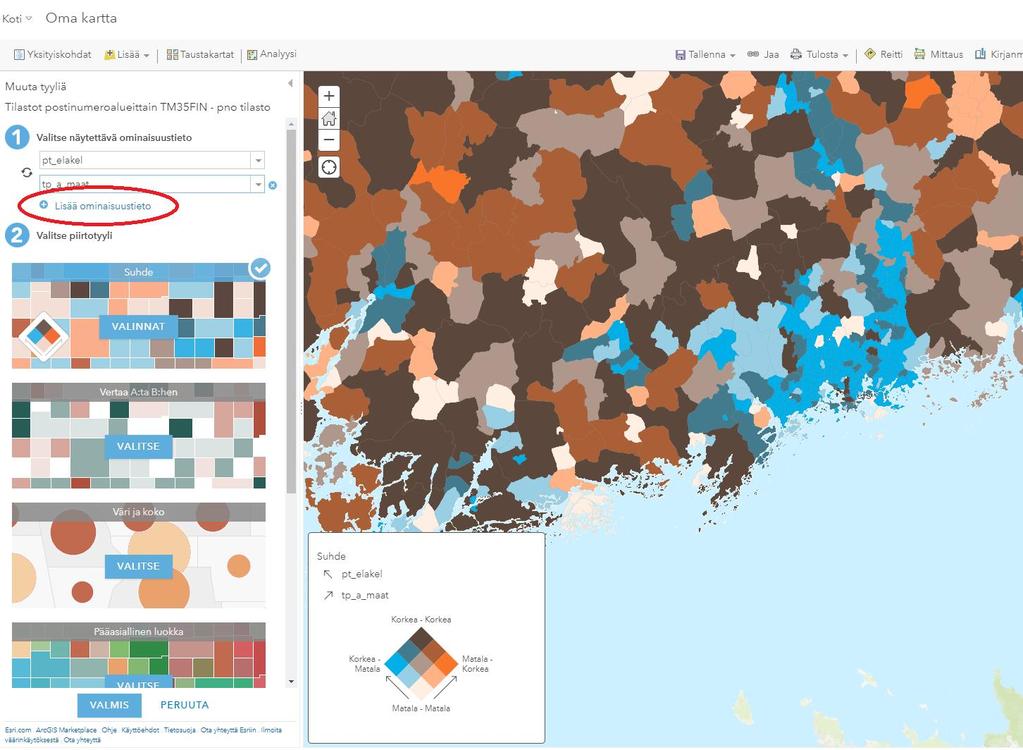 6. Usean muuttujan teemakartan tekeminen Yhdellä teemakartalla voi visualisoida myös useamman muuttujan suhdetta toisiinsa.