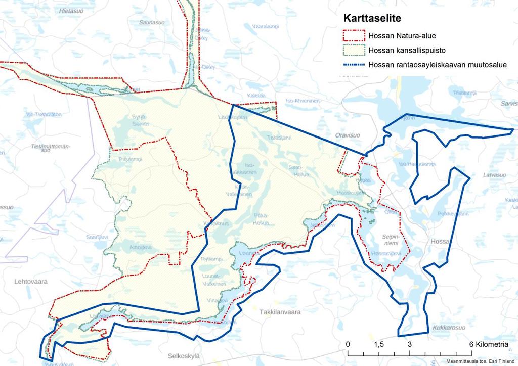 FCG SUUNNITTELU JA TEKNIIKKA OY Kaavaselostus 15 (42) 5.6 Monimuotoisuuden kannalta tärkeät elinympäristöt 5.6.1 Hossan Natura 2000-alue (FI1200743) Hossan Natura 2000 -alue (FI1200743), 10 162 ha, on suojeltu luontodirektiivin mukaisena SAC -alueena.