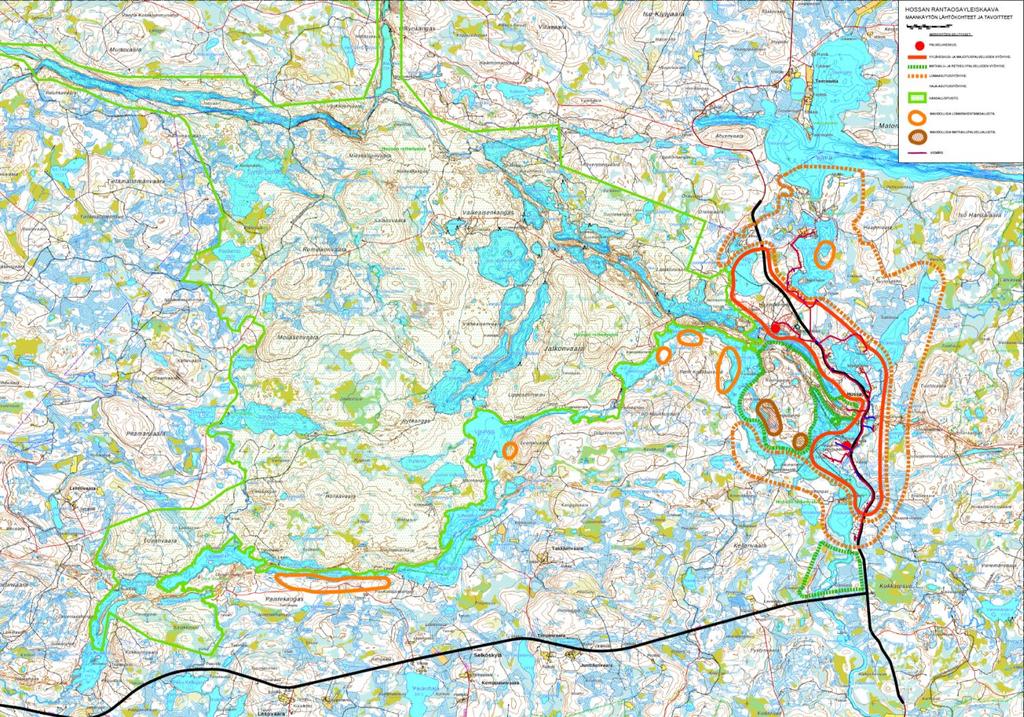 FCG SUUNNITTELU JA TEKNIIKKA OY Kaavaselostus 22 (42) Kuva 15. Hossan rantaosayleiskaavan maankäytön lähtökohdat ja tavoitteet. 7.2.1 Hossan kyläkeskus- ja majoituspalveluiden vyöhyke Vyöhyke käsittää keskeisen kyläalueen ja sen välittömän läheisyyden.