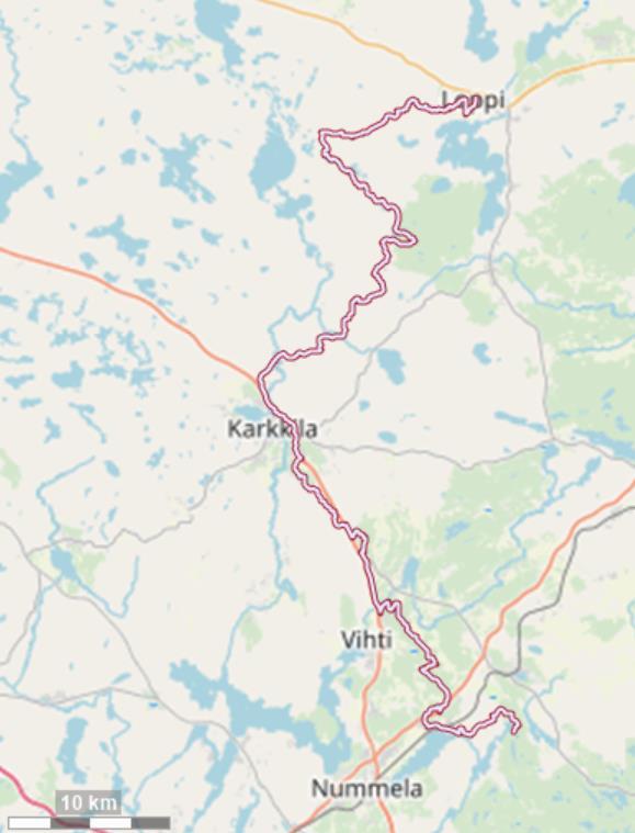 5. LOPPI KARKKILA PÄÄKAUPUNKISEUTU Reitin pituus 86,2 km. Reitti alkaa Lopen keskustasta ja kulkee alkuun Ilvesvaellusreittiä pitkin Komion luonnonsuojelualueen läpi.