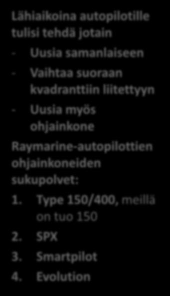 Autopilot Autopilotin moottori reistaili 2014-15 aina kovemmalla kelillä, ei jaksanut / pyöri tyhjää.