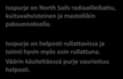 Isopurje Isopurje on North Sails radiaalileikattu, kuituvahvisteinen ja mastoliikin paksunnoksella.