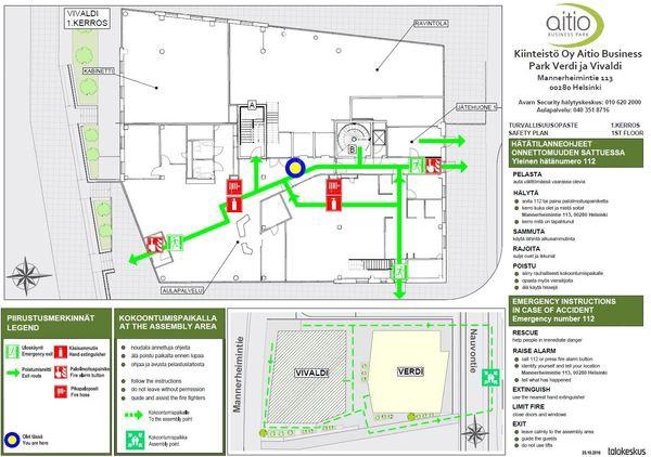 Sivu 17 / 44 3. Rakennuksen turvallisuusjärjestelyt 3.1. Turvallisuuskartat Turvallisuuskartat ovat opastepiirustuksia, joihin on merkitty hätätilanneohjeiden lisäksi turvallisuuteen liittyviä tietoja.
