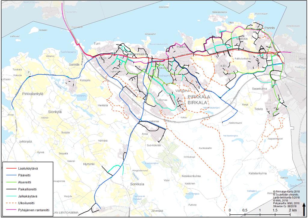 Jalankulku- ja pyöräilyverkon verkkohierarkia Aineistolähde: Pirkkalan kunta 7 Pirkkalan jalankulku- ja pyöräliikenneverkko koostuu pää-, alue- ja paikallisreiteistä sekä jalkakäytävistä.