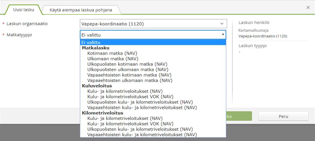 Valitse oikea matkatyyppi: Laskutat vain matkakuluja kts.