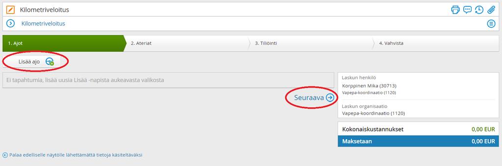 PELKÄN MATKALASKUN TEKEMINEN MATKAKULUJEN LASKUTTAMINEN Paina LISÄÄ AJO Vapaaehtoisille ei makseta päivärahoja, joten voit ohittaa kohdan 2. ATERIAT Syötä matkan tiedot 1. Lisää matkustuspäivämäärä 2.