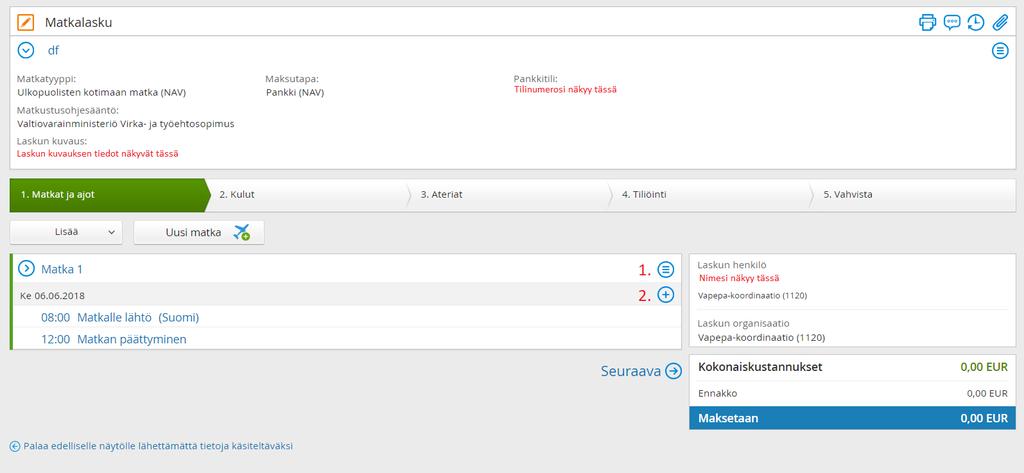 MATKAKULUJEN LASKUTTAMINEN Lisää Kilometrikorvauksen laskutuksen voit tehdä yläpalkin kohdasta 1. Matkat ja ajot. Katso ohjeet kohdasta matkakulujen laskuttaminen sivu 3.